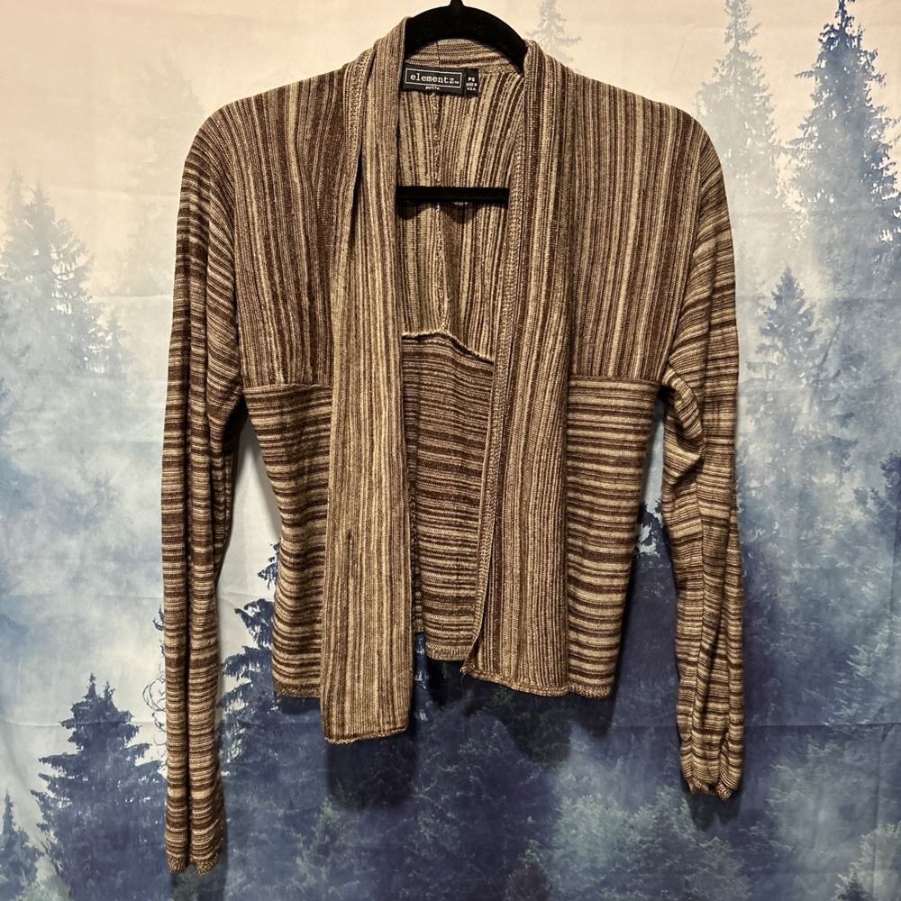 Vtg‎ Elementz Cardigan Sweater PS Brown stripe Shawl Collar Cottage Booho Grunge